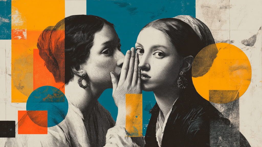 Illustration showing someone whispering into their friend's ear